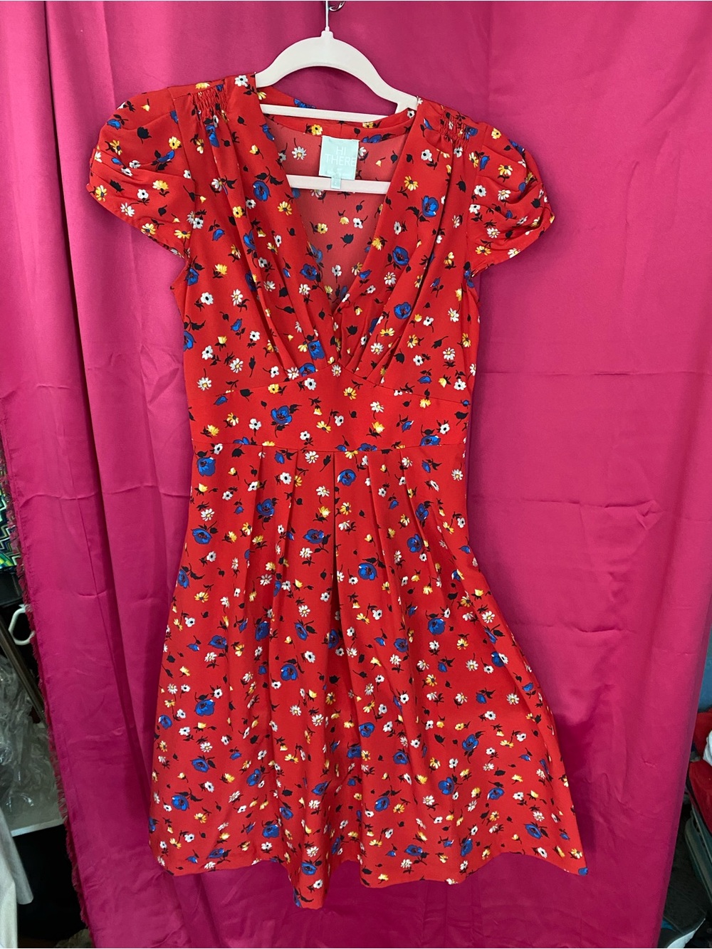 Karen Walker Red Floral V‑Neck Fit & Flare Mini Dress